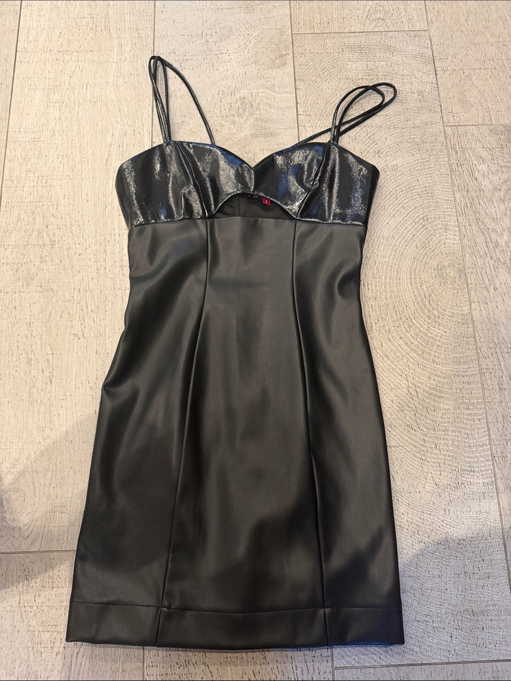 STAUD Black Faux Leather Mini Dress with Shiny Bust